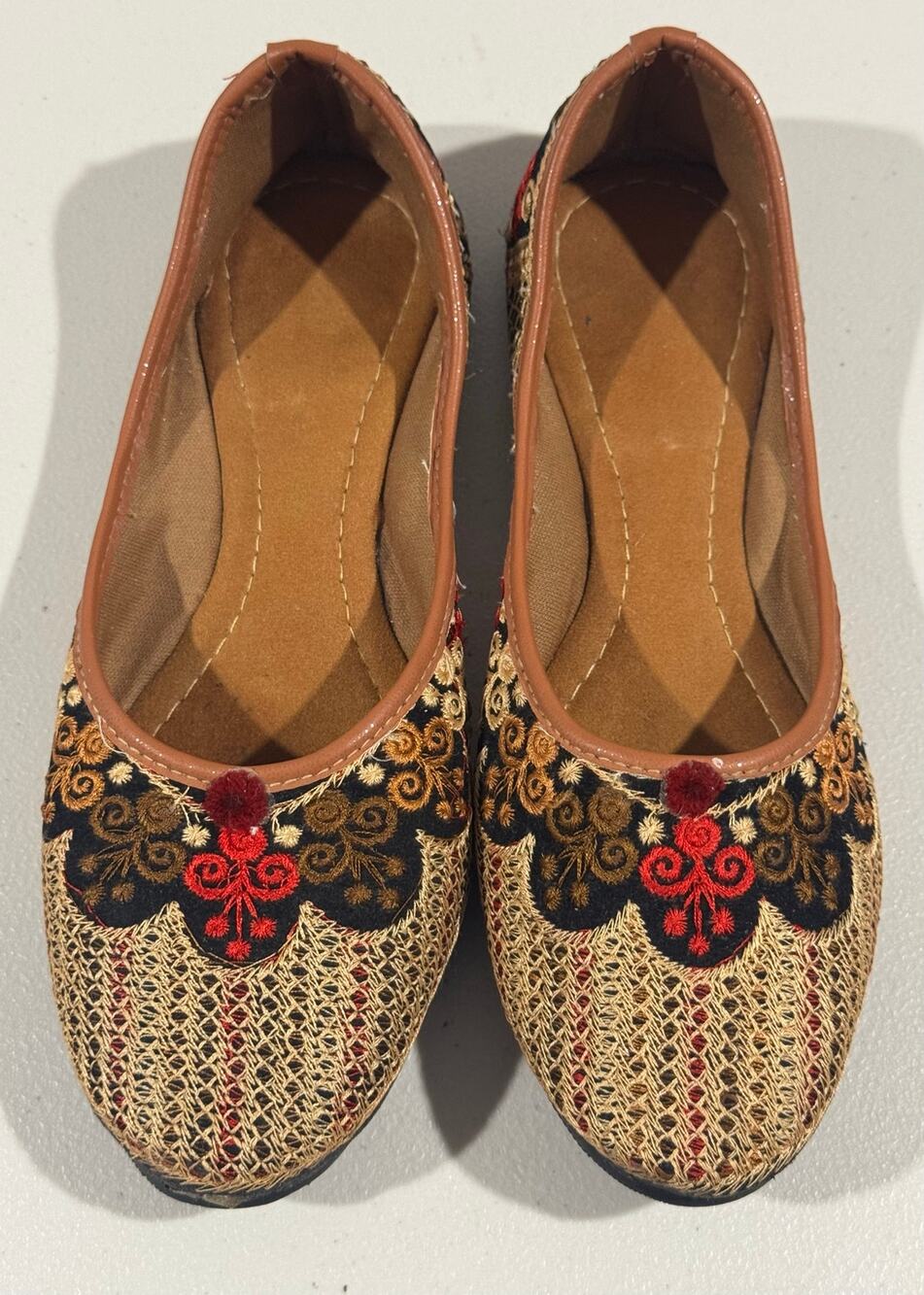 Vintage Boho Gold Red Floral Embroidered Ballet Flats Ethnic Slip On Festive